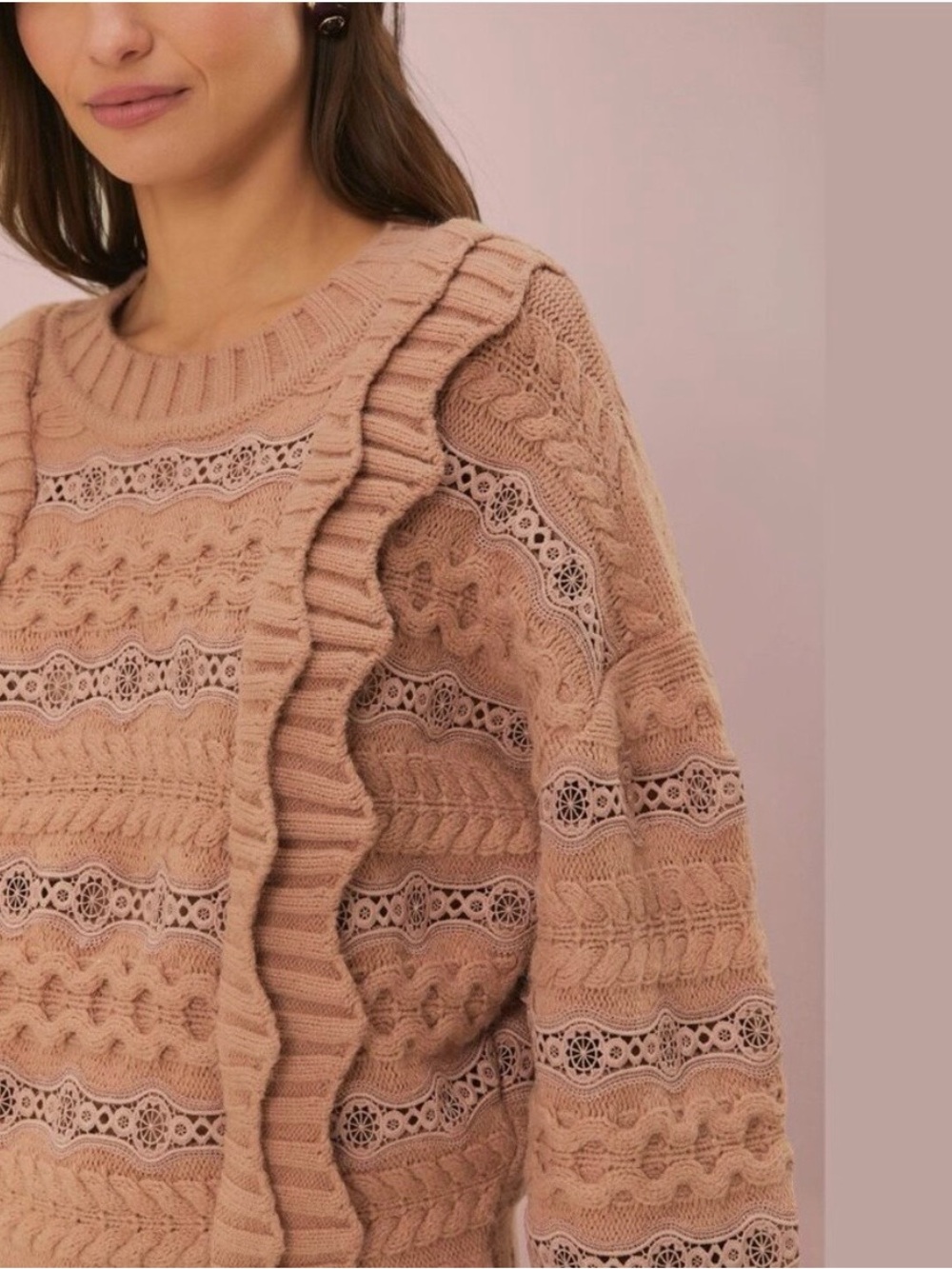 FARM Rio Dusty Rose Ruffle Cable-Knit Sweater - Picture 2 of 5